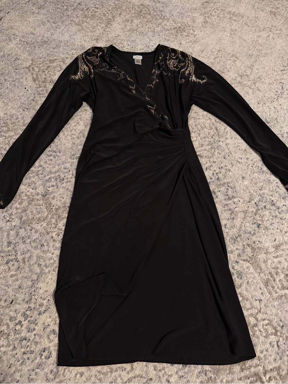 Cache Black Long-Sleeve Wrap Dress with Gold Accents